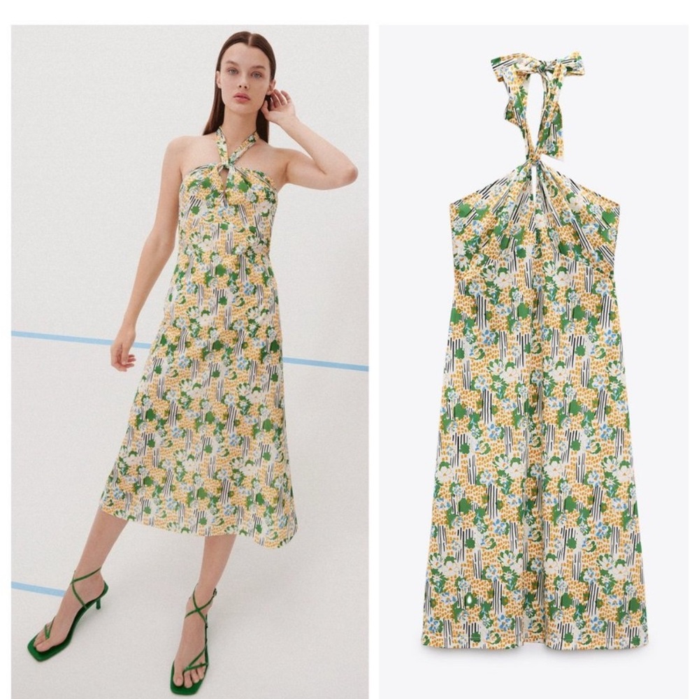 Zara Green & Yellow Printed Halter Knot Tie Midi Dress